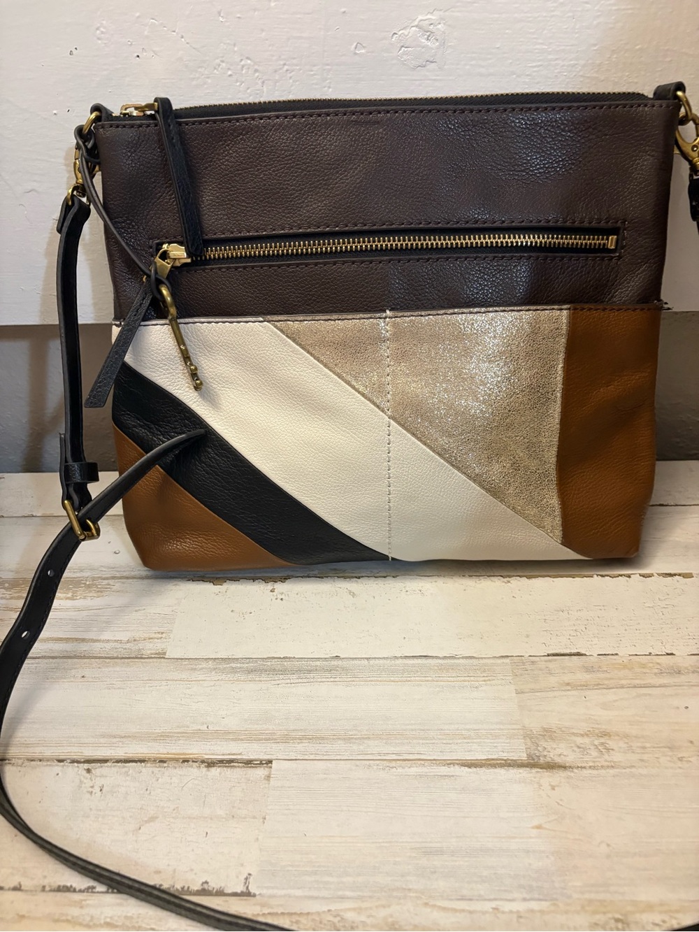 Fossil Multi‑Tone Leather Colorblock Crossbody - Brown Black Cream